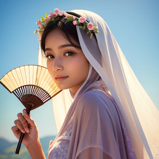 Holding a fan、Arabian woman with flowers in her hair,