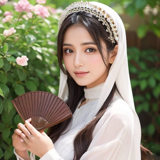 Holding a fan、Arabian woman with flowers in her hair, 