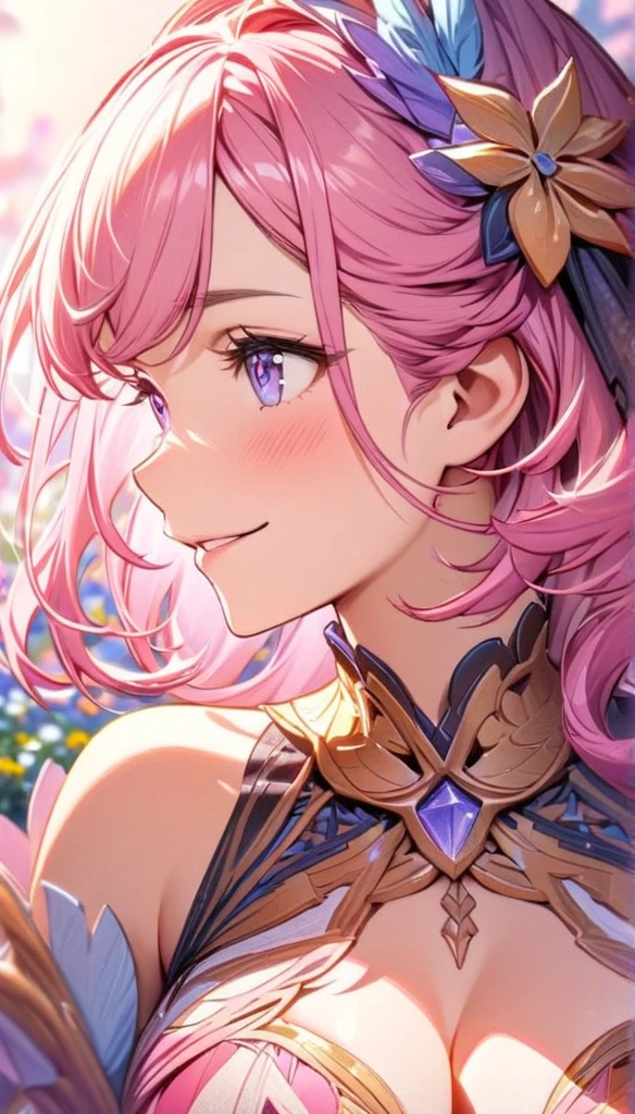 beautiful girl, long pink hair, beautiful face,smiling,close up to hips, beautiful breast, in the middle of flowers field, (open mouth:0.4),illustration,detailed textures(realists),ultra-detailed,portrait style,vivid colors,soft lighting, blushing, mature, hair fluttering, cool moonlight light, ((half body)), cleavage, wearing intricate dress, perky. ((side profile half body)), hair accessories