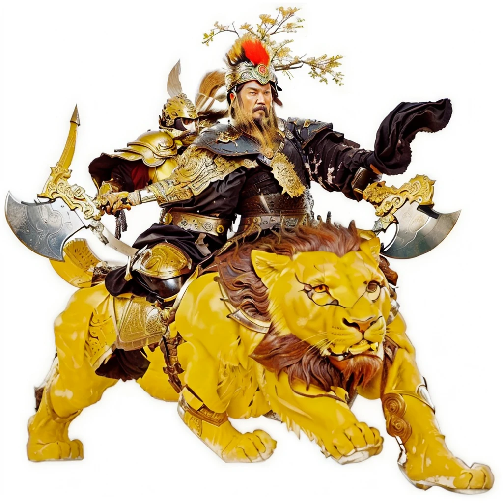 an ancient chinese warrior with armour holding axes, riding on a lion looked monster, black robe, a big bottle gourd behind 