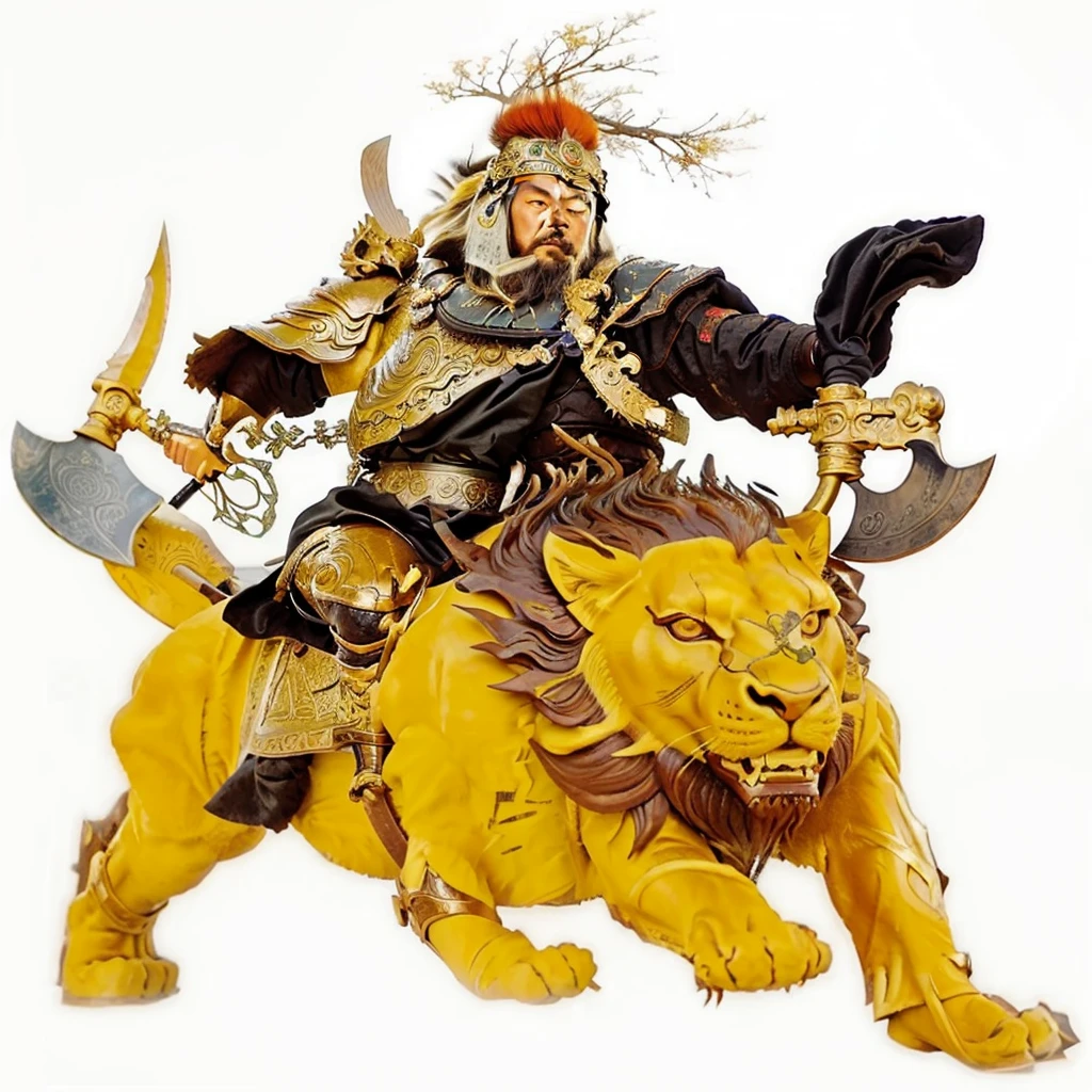 an ancient chinese warrior with armour holding axes, riding on a lion looked monster, black robe, a big bottle gourd behind 