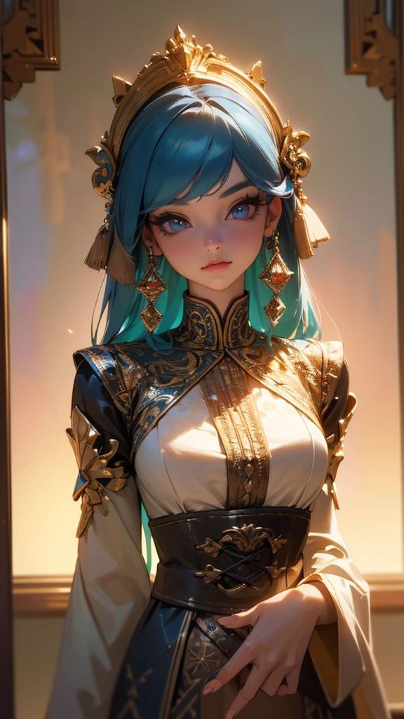 a highly detailed 3d render of a vtuber model, a girl standing straight facing a mirror, beautiful detailed eyes, beautiful detailed lips, extremely detailed face and hair, long eyelashes, delicate facial features, looking directly at the camera, smooth skin, wearing a colorful intricate costume with detailed textures, complex accessories, dynamic lighting, vibrant colors, cinematic composition, (best quality,4k,8k,highres,masterpiece:1.2),ultra-detailed,HDR
