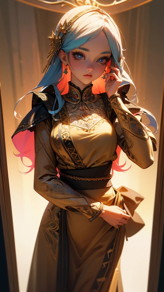 a highly detailed 3d render of a vtuber model, a girl standing straight facing a mirror, beautiful detailed eyes, beautiful detailed lips, extremely detailed face and hair, long eyelashes, delicate facial features, looking directly at the camera, smooth skin, wearing a colorful intricate costume with detailed textures, complex accessories, dynamic lighting, vibrant colors, cinematic composition, (best quality,4k,8k,highres,masterpiece:1.2),ultra-detailed,HDR