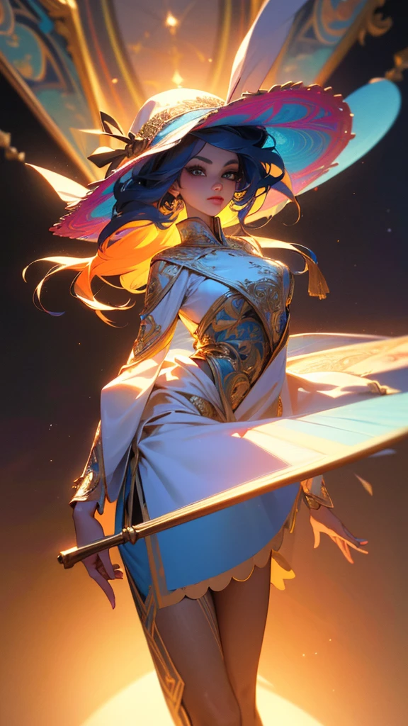 a highly detailed 3d render of a vtuber model, a girl standing straight facing a mirror, beautiful detailed eyes, beautiful detailed lips, extremely detailed face and hair, long eyelashes, delicate facial features, looking directly at the camera, smooth skin, wearing a colorful intricate costume with detailed textures, complex accessories, dynamic lighting, vibrant colors, cinematic composition, (best quality,4k,8k,highres,masterpiece:1.2),ultra-detailed,HDR