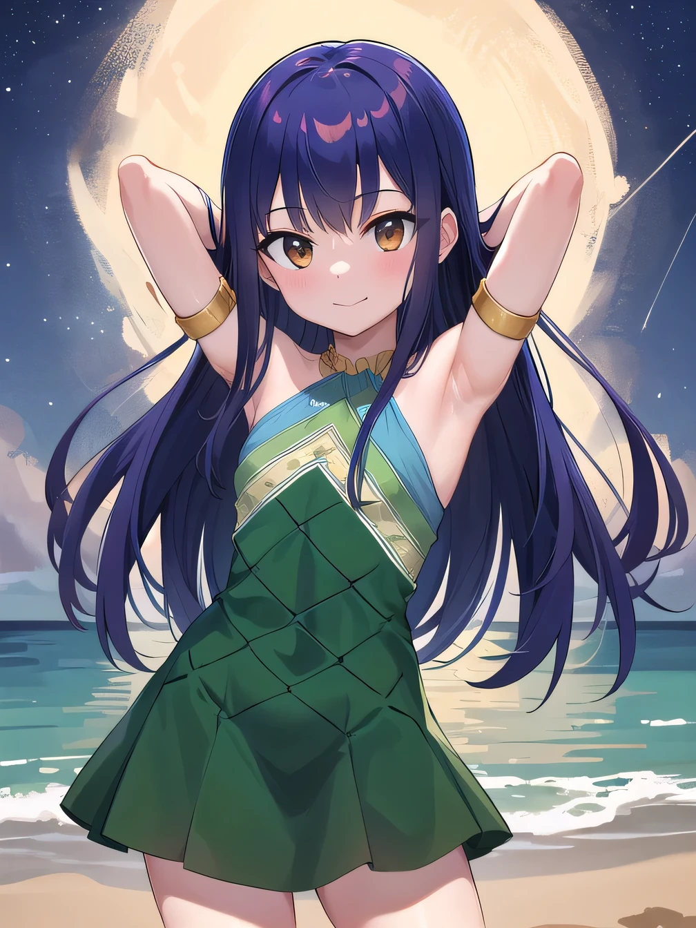 aawendy, masterpiece, best quality, highres, long hair, bare shoulders, green dress, sleeveless dress, armlet, bracelet, looking at viewer, solo, contrapposto, spread armpit, arms behind head, smile, looking at viewer, (cowboy shot:1.5), closed mouth, night sky, beach, high quality,