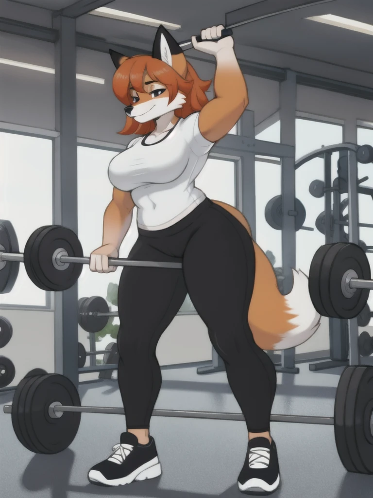Furry, fox, female, white shirt, black leggings, shoes, gym, teen, full body