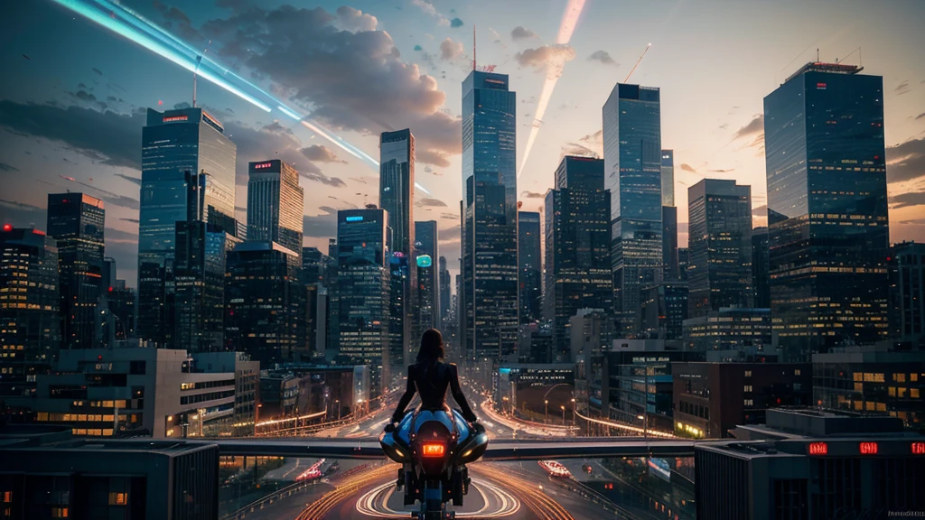A sprawling futuristic cityscape at dusk, with towering skyscrapers made of glass and steel reflecting the vibrant hues of the setting sun. The skyline is dominated by buildings with sleek, modern designs and intricate neon lights that begin to flicker on as daylight fades. Hovering vehicles zip through the sky on designated air highways, leaving trails of light in their wake. Below, the streets are bustling with people in futuristic attire, some walking on moving sidewalks, others riding advanced personal transport devices. Digital billboards display animated advertisements in vivid colors. At the heart of the city is a massive, circular plaza with a holographic fountain at its center, projecting shimmering patterns of water and light. The atmosphere is alive with the hum of advanced technology and the promise of an exciting, high-tech future.