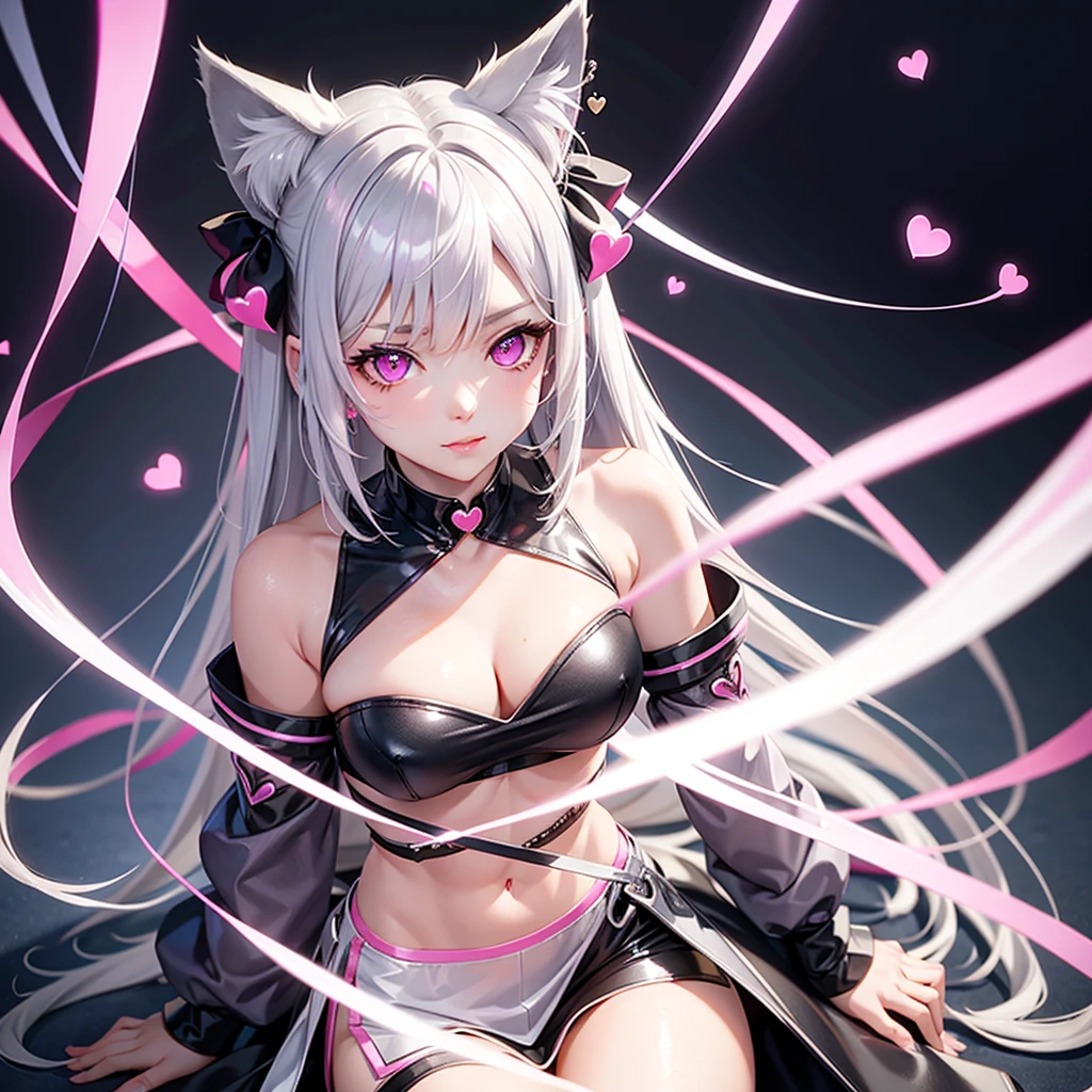 Silver hair, pink eyes, body, cat ears, ???? girl, earrings, heart background fantasy, uniform, hair bow