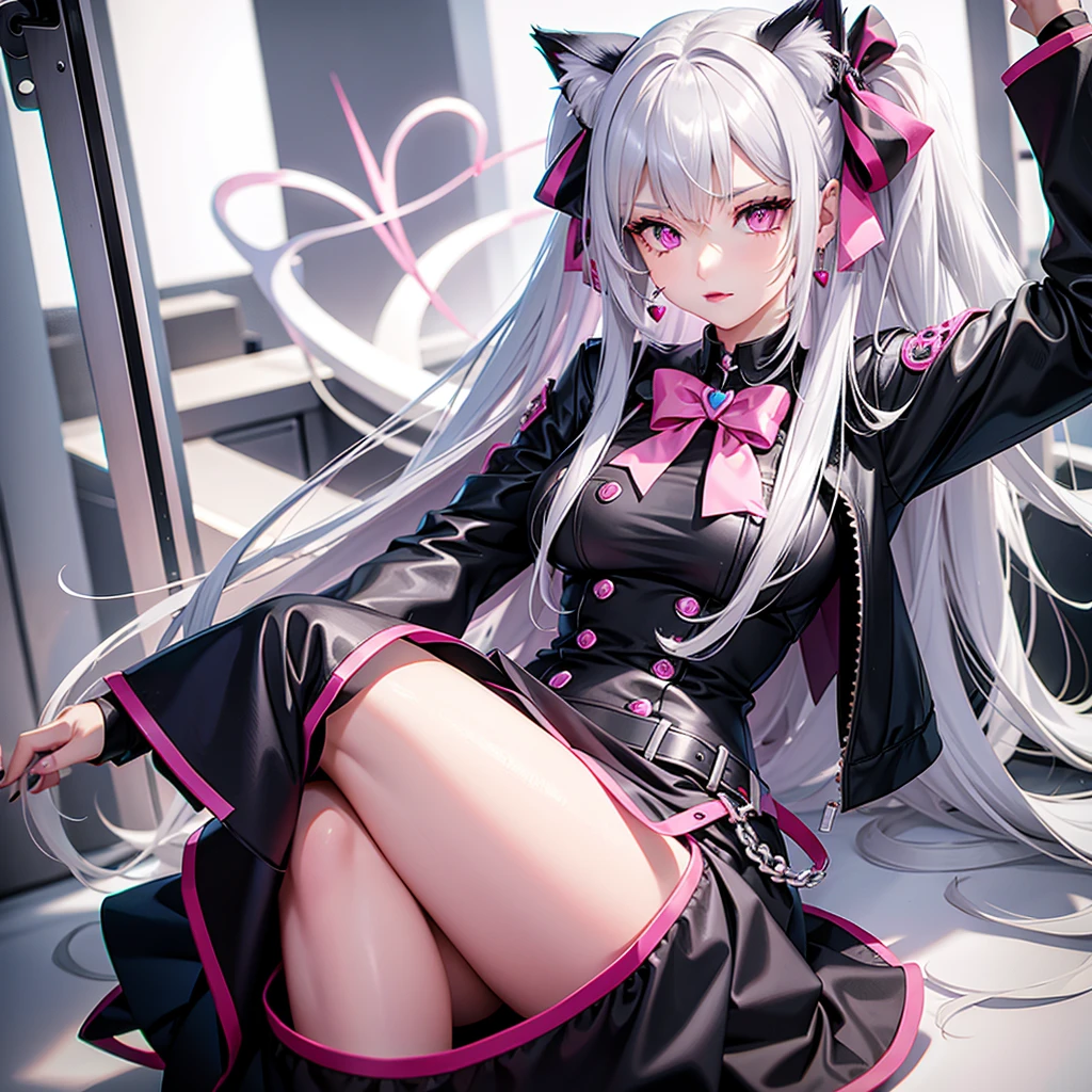 Silver hair, pink eyes, body, cat ears, sexy girl, earrings, heart background fantasy, uniform, hair bow