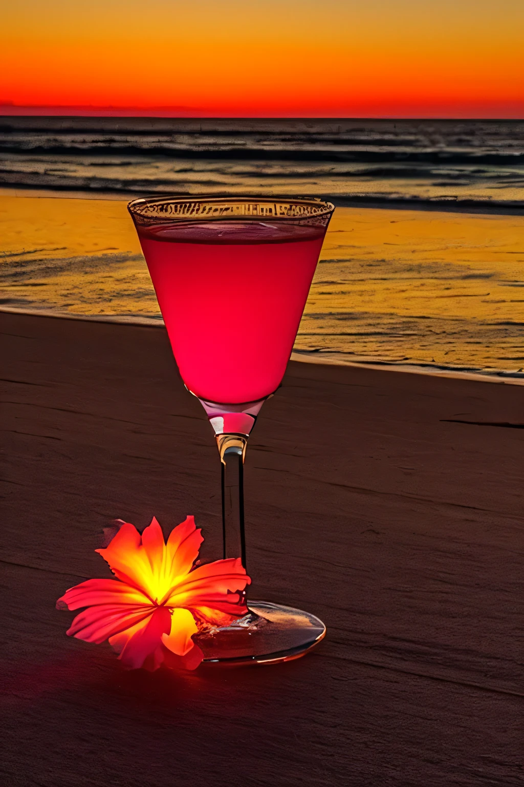 Absolutely mesmerizing sunset on the beach, with a blend of oranges, Pink, The sky is full. The crystal clear waters of the sea gently kiss the coast, White sandy beaches stretch endlessly. The scene is full of dynamics,Breathtaking,Palm trees swaying gently. Feel the calm atmosphere,Let peace envelop you.A glass of cocktail with a flower on the beach reflecting the sun and sea water