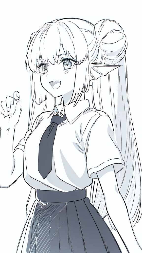1girl,20 years old,solo,(Line Art,white background,sketch,Pencil drawing,traditional media),long hair,white hair,finana,twintails,((white shirt,short sleeves,black standart tie,black skirt)),open mouth,outstretched hand,smile,double bun,upper body