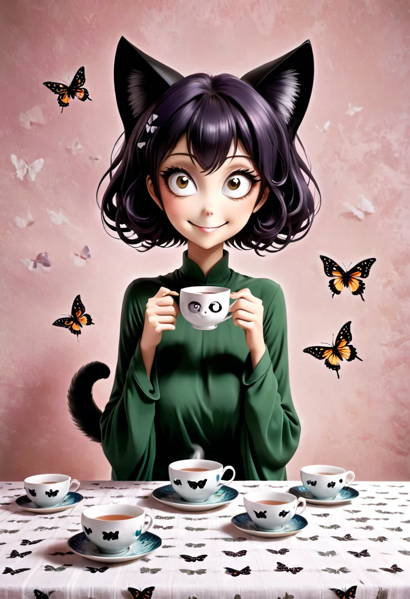 The beautiful Tatsumaki, With her huge eyes she looks amazed and with a big smile while she drinks tea from ceramic cups with ghostly cat shapes while the butterflies flutter around the table and the tablecloth..