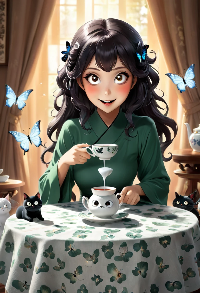 The beautiful Tatsumaki, With her huge eyes she looks amazed and with a big smile while she drinks tea from ceramic cups with ghostly cat shapes while the butterflies flutter around the table and the tablecloth..