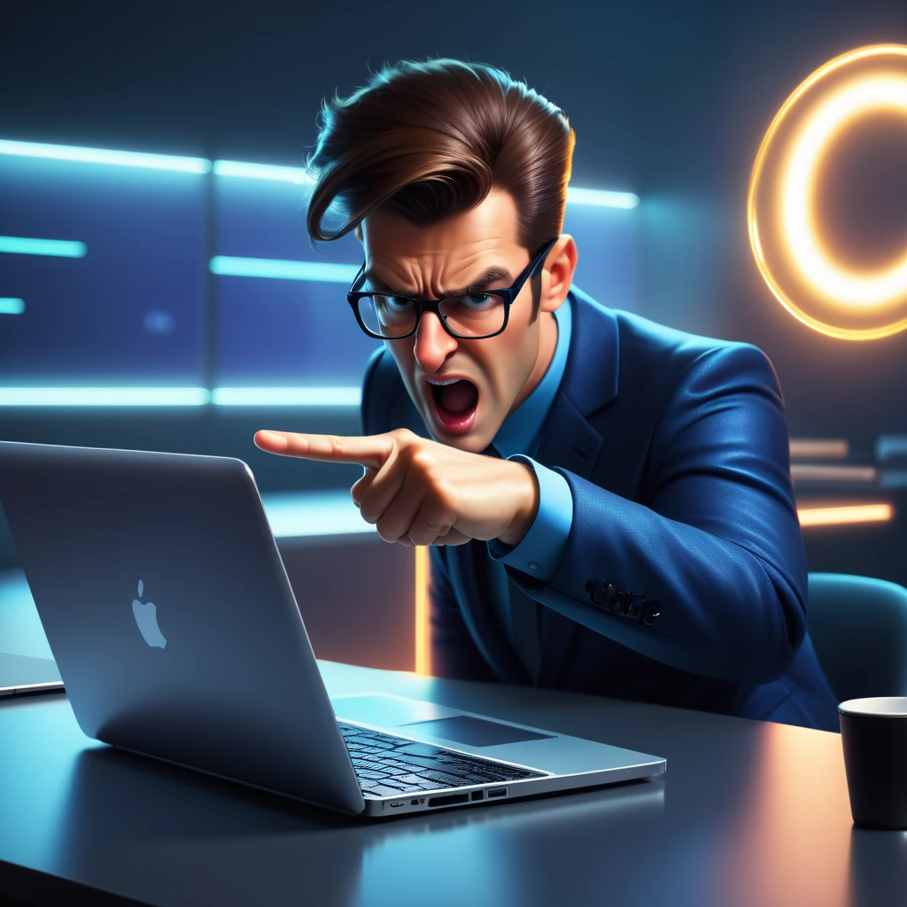angry person pointing at a brand new shiny laptop like it did something wrong.  dark Office environment. 