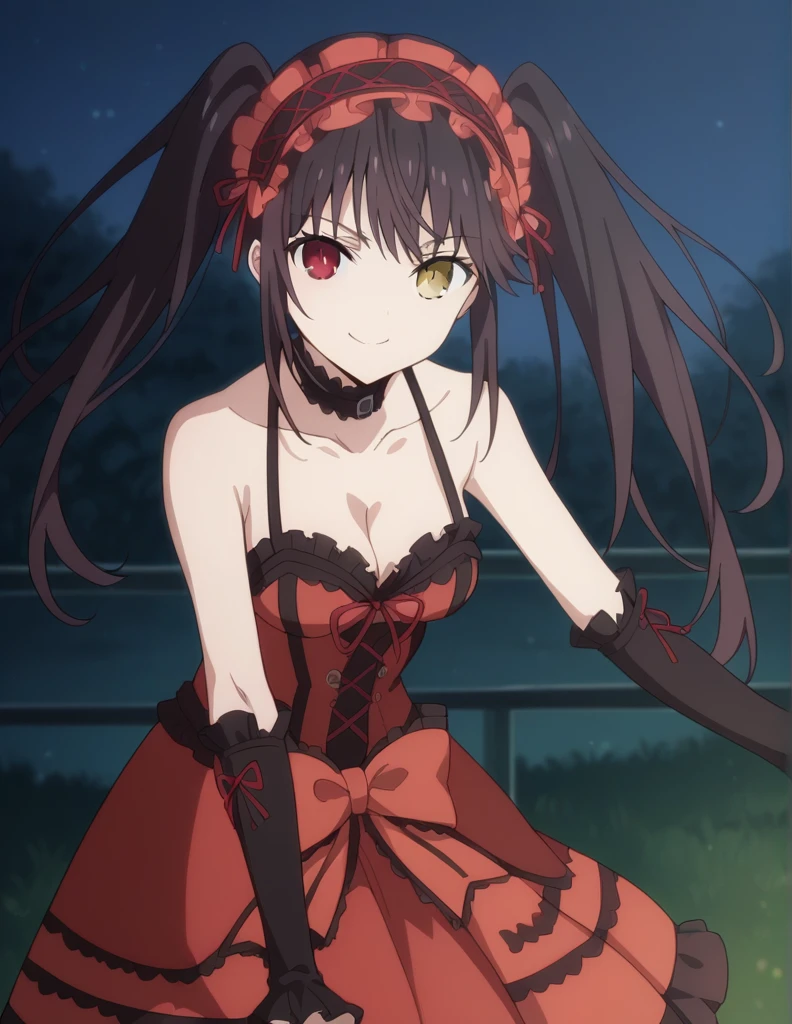 score_9, score_8_up, score_7_up, source_anime,
kurumitokisaki, kurumi tokisaki, black hair, red eyes, long hair,
twintails, yellow eyes, hairband, heterochromia, dress, red dress, bare shoulders, collarbone, choker, bowtie, red bowtie, detached sleeves, corset, frills, cleavage,
outdoors, night, bent over, smile, black knee socks
solo, dutch angle, looking at viewer, cowboy shot,