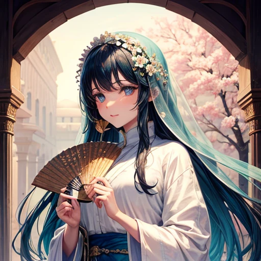 Holding a fan、Arabian woman with flowers in her hair, 