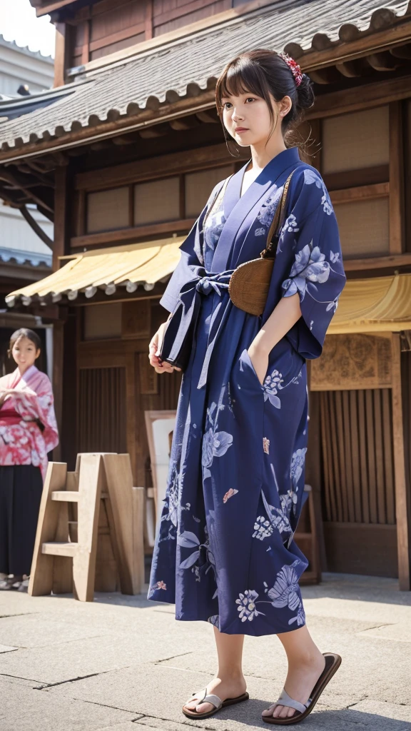 Muromachi、period drama、Downtown、yukata、Wooden single-story building、Tile roof、goodwill、crowd、Eliminating excess arms、Eliminating excess legs、Eliminating excess legs、(可愛いDowntown娘に相応しい髪型)、Hairstyles that fit the times、evening、Dressed in accordance with the times、