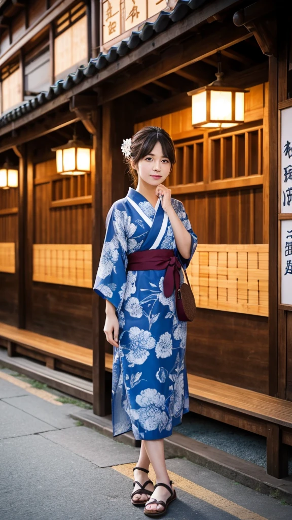 Muromachi、period drama、Downtown、yukata、Wooden single-story building、Tile roof、goodwill、crowd、Eliminating excess arms、Eliminating excess legs、Eliminating excess legs、(可愛いDowntown娘に相応しい髪型)、Hairstyles that fit the times、evening、Dressed in accordance with the times、
