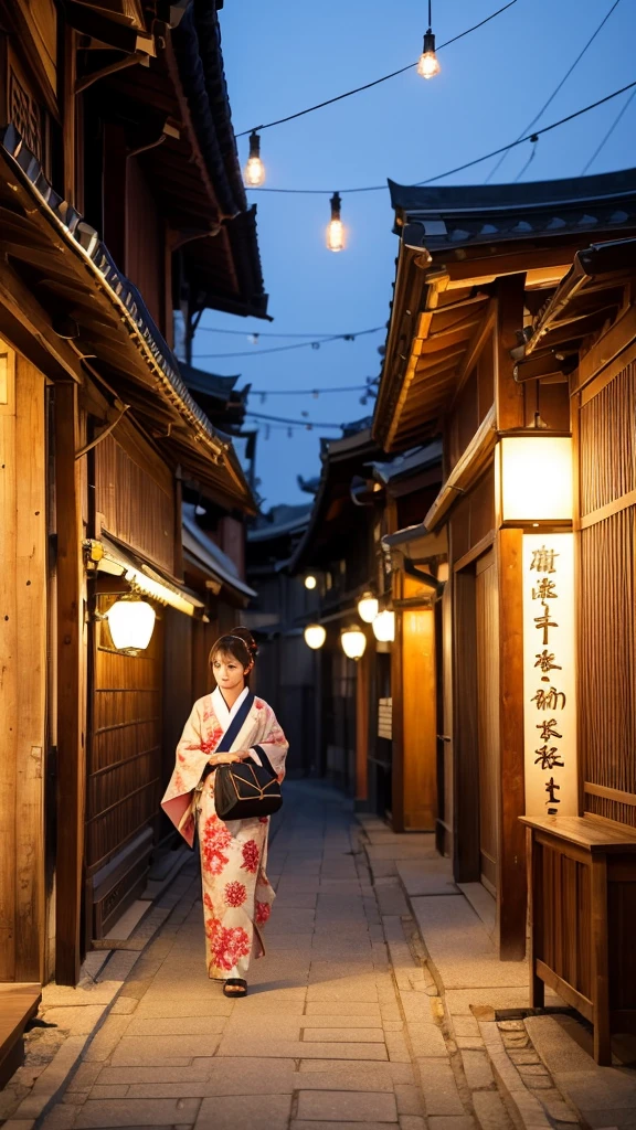 Muromachi、period drama、Downtown、yukata、Wooden single-story building、Tile roof、goodwill、crowd、Eliminating excess arms、Eliminating excess legs、Eliminating excess legs、(可愛いDowntown娘に相応しい髪型)、Hairstyles that fit the times、evening、Dressed in accordance with the times、