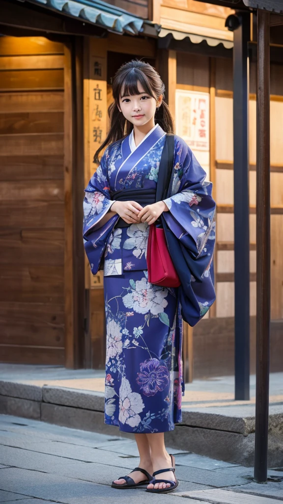 Muromachi、period drama、Downtown、yukata、Wooden single-story building、Tile roof、goodwill、crowd、Eliminating excess arms、Eliminating excess legs、Eliminating excess legs、(可愛いDowntown娘に相応しい髪型)、Hairstyles that fit the times、evening、Dressed in accordance with the times、