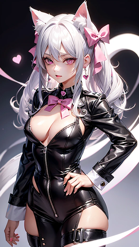 Silver hair, pink eyes, body, cat ears, sexy girl, earrings, heart background fantasy, uniform, hair bow