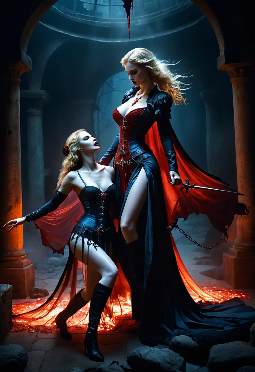 dark fantasy, dramatic lighting, full body shot, wide angle,dynamic angle, deep shadows, a female vampire and her thrall, extremely detailed skin, perfect blond wavy hair, (A female vampire and her thrall, she is using her paranormal powers to shift blood in the atmosphere, making the blood translocate around the environment), (the female vampire is trying to reach her thrall's neck with her hand, absorbing the thrall's blood from afar), hemokinesis, (there are lots of blood strings floating around the environment), she is wearing a very intricate biological exoskeleton, (the female vampire's lower body is vanishing, becoming black mist), the scene unfolds in a dungeon dimly illuminated by a red glow, red energy lines, pale blue and olive hues, mystical energy, moody atmosphere, cinematic composition, Yoshitaka Amano style