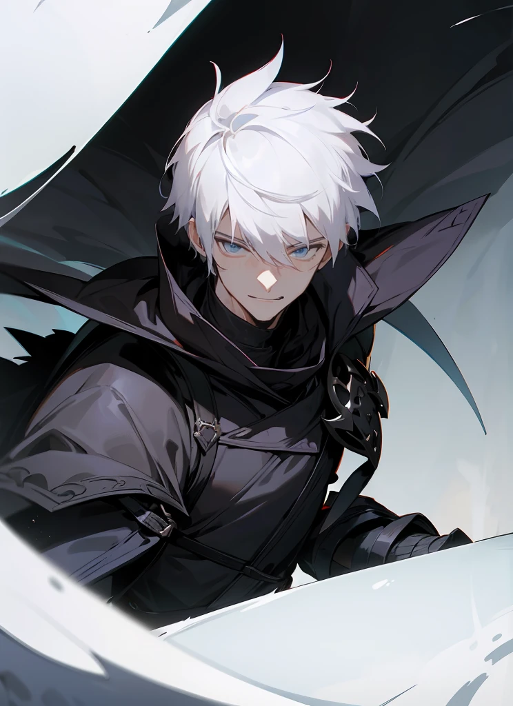 1 , handsome fashion hair,black hair highlight white hair, fanstasy, smile face, male ,fantasy, reaper, hunter with blackshortsword, villian face, short hair black armor , darkness wolrd, 