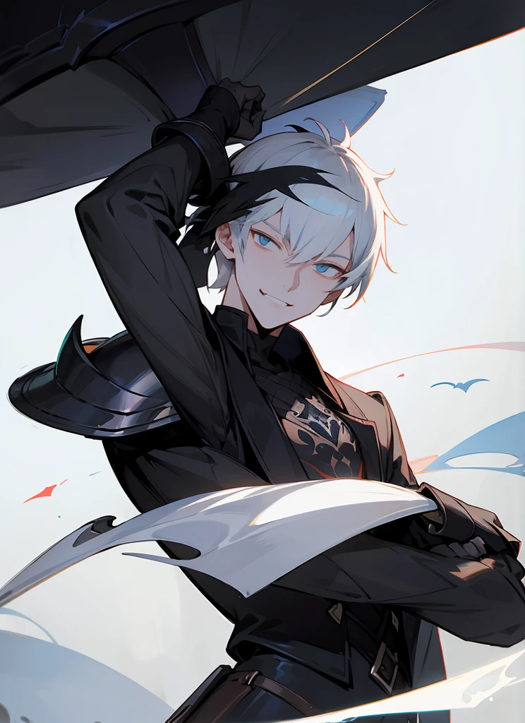 1 , handsome fashion hair,black hair highlight white hair, fanstasy, smile face, male ,fantasy, reaper, hunter with blackshortsword, villian face, short hair black armor , darkness wolrd, 