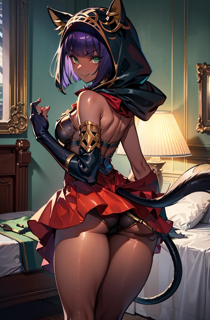Masterpiece, best quality, absurdres, 1girl, beautiful legs, menat_holiday, light smile, dark skin, Green eyes, egyptian, bob cut, red dress, (black hood), black gloves,(shiny thighs),, , bare shoulders,sexy thighs,(((beautiful leg))),((solo)),panty shot,evil smile,from behind,back shot,ass,ass focus,close up,in bedroom,upskirt,camel toe,tail