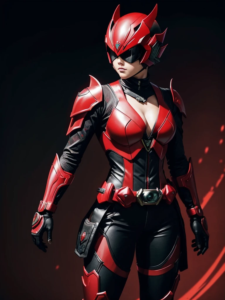 1 female. Kamen rider. Dragon styled kamen rider. Red and black female kamen rider suit with cleavage. Dragon styled full face kamen rider helmet. No face exposed. No hair exposed. Kamen rider belt. Standing pose. Red light background.