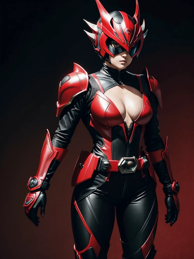 1 female. Kamen rider. Dragon styled kamen rider. Red and black female kamen rider suit with cleavage. Dragon styled full face kamen rider helmet. No face exposed. No hair exposed. Kamen rider belt. Standing pose. Red light background.