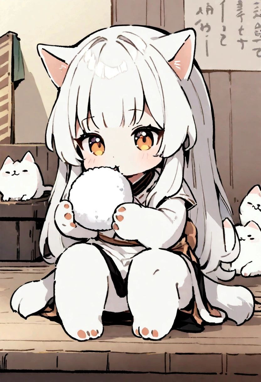 Highest quality, masterpiece, Ultra-high resolution, Very cute cat,Holding rice ball with front paws, Biting into rice ball,Triangular rice balls,Handwritten style,White Cat,Long-haired cat,Sitting