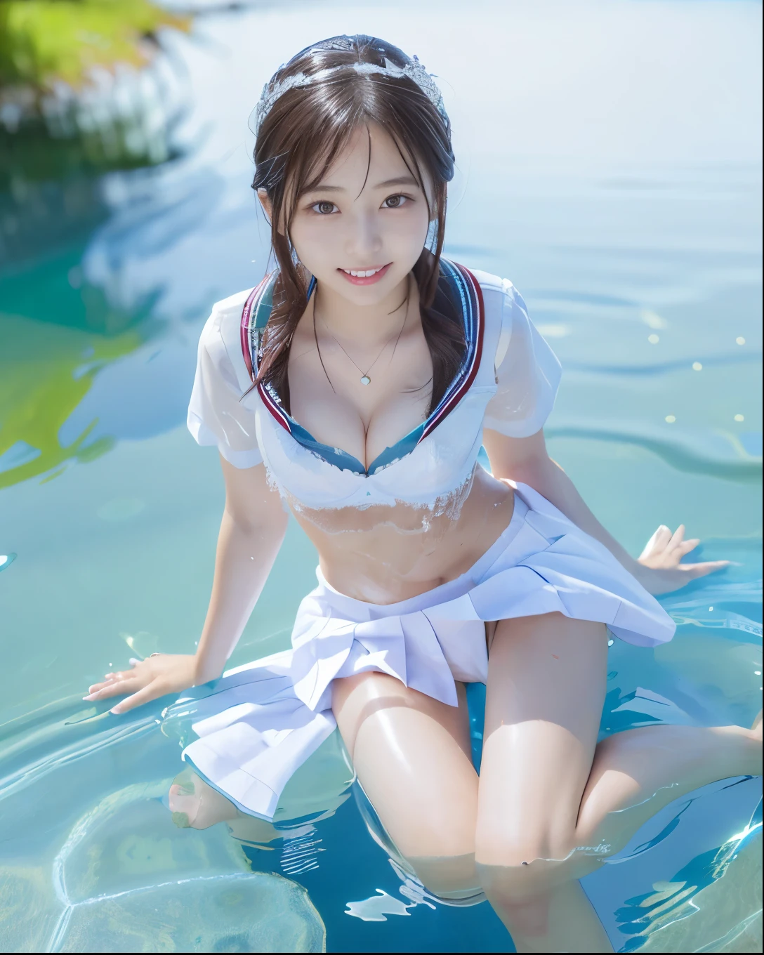 (NFSW)、(High resolution:1.5)、Highest quality,Very detailed,masterpiece,Super detailed,alone,(One girl),((Summer School Uniforms:1.5)), Seraphim, ((skirt:1.5)), smile, Thigh fetish images: 1.5、(((barefoot)))、(Her thighs and white bikini reflected in the clear blue water)、(reflected in water:1.5)、((I can see her white panties:1.5))、(Cleavage)、((Clear blue seawater))、Summer sun、はしゃいだsmile、Beautiful Eyes、(pull-out-panties)、(Panties on knees)、Big necklace and tiara、The water is marine blue、(((Glossy thighs)))