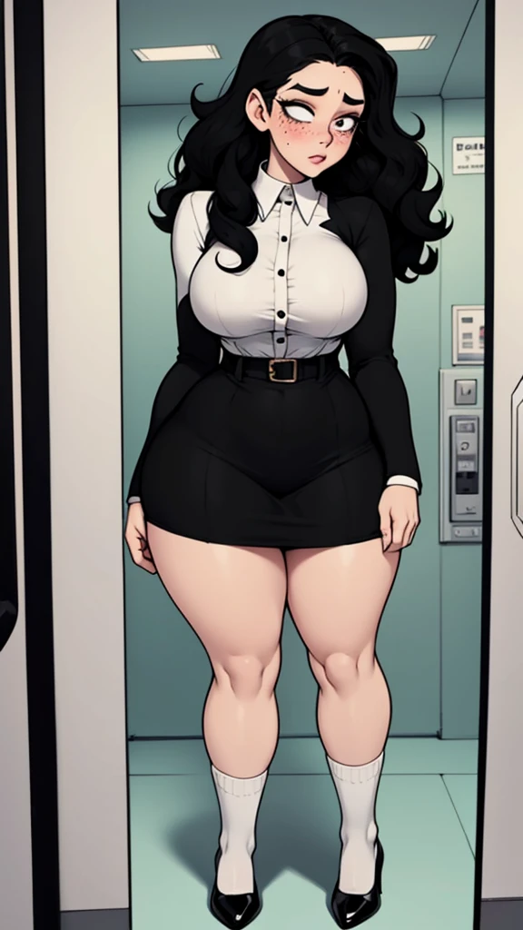 Milf secretary, black curly hair, curvy, pale skin with freckles, white button down shirt, long black fitted skirt, heels, socks, worried face, blushing cheeks, stage inside elevator