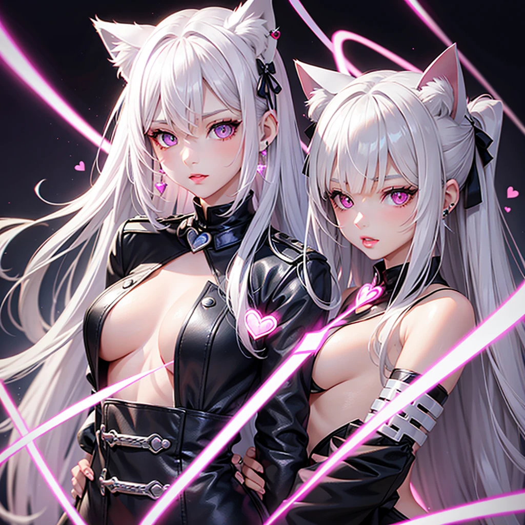 Silver hair, pink eyes, body, cat ears, sexy girl, earrings, heart background fantasy, uniform, hair bow