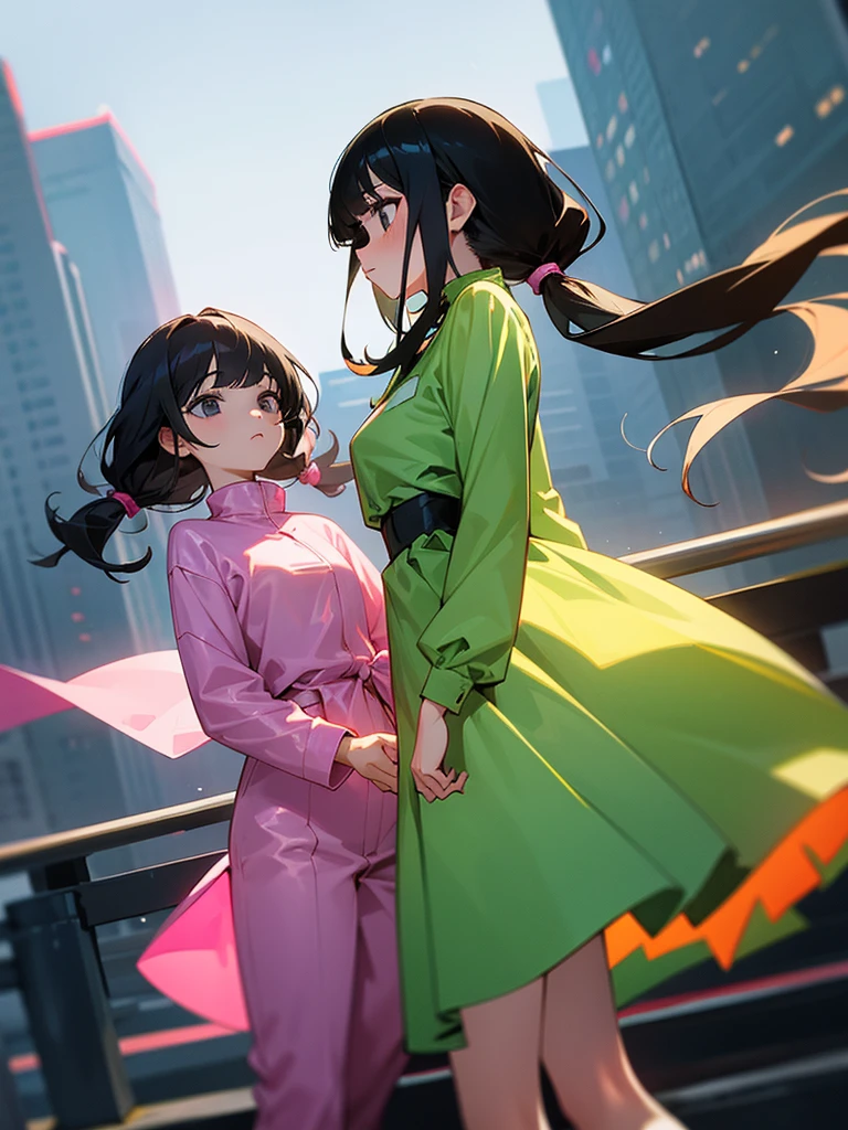 Two adult girls walking together, One wears two blonde pigtails falling over her shoulders and a pink jumpsuit-type dress while the other wears a long-sleeved green dress., He has black eyes and black hair, long, loose hair without any ties, Her hair reaches her waist and she has straight bangs., loose hair with bangs, in a park, staring, the girl with black hair has it long and loose, she is taller than the blonde girl, In the middle of the night