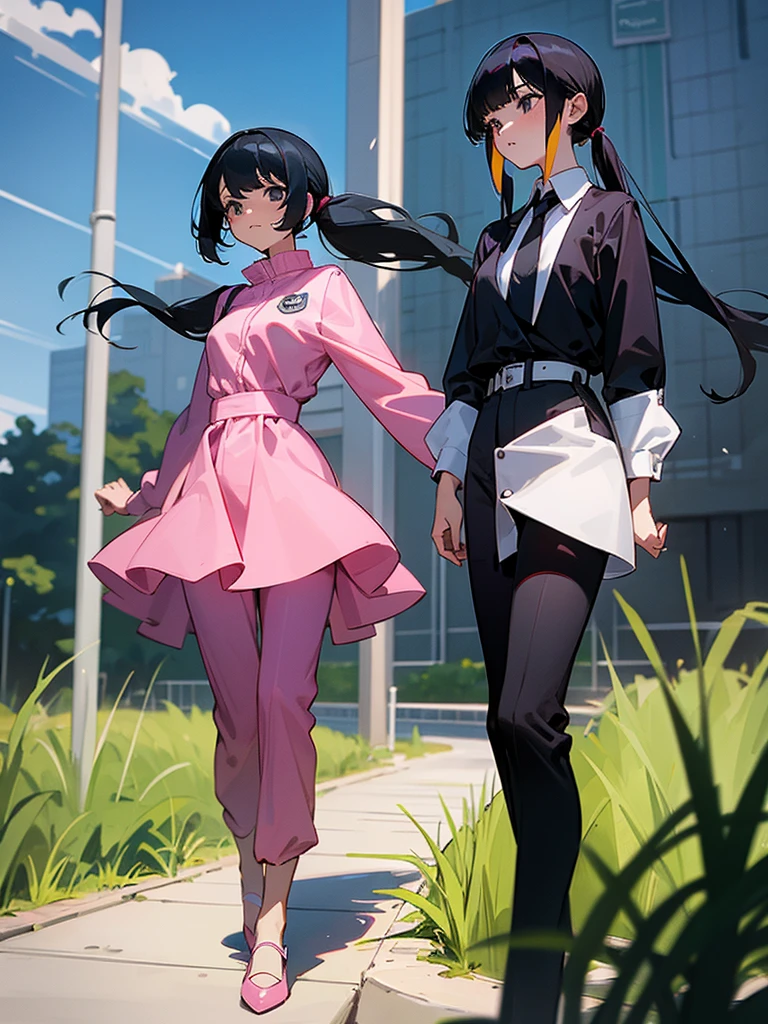 Two adult girls walking together, One wears two blonde pigtails falling over her shoulders and a pink jumpsuit-type dress while the other wears a long-sleeved green dress., He has black eyes and black hair, long, loose hair without any ties, Her hair reaches her waist and she has straight bangs., loose hair with bangs, in a park, staring, the girl with black hair has it long and loose, she is taller than the blonde girl, In the middle of the night