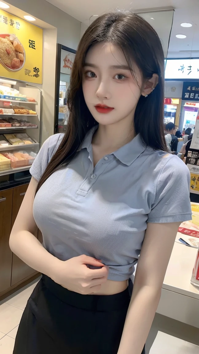 ((best quality)), ((masterpiece)), (detailed),whole body, Perfect face, Pretty Face, Beautiful woman, Beautiful Body, E-cup breasts, cashier, minimarket cashier, cashier uniform, woman'shirt, apron, mini skirt, Perfect body, Stand behind the cashier's desk, Head accessories, earring, Yae Goddess,(Wooden sandals,Show your toes,Black manicure)