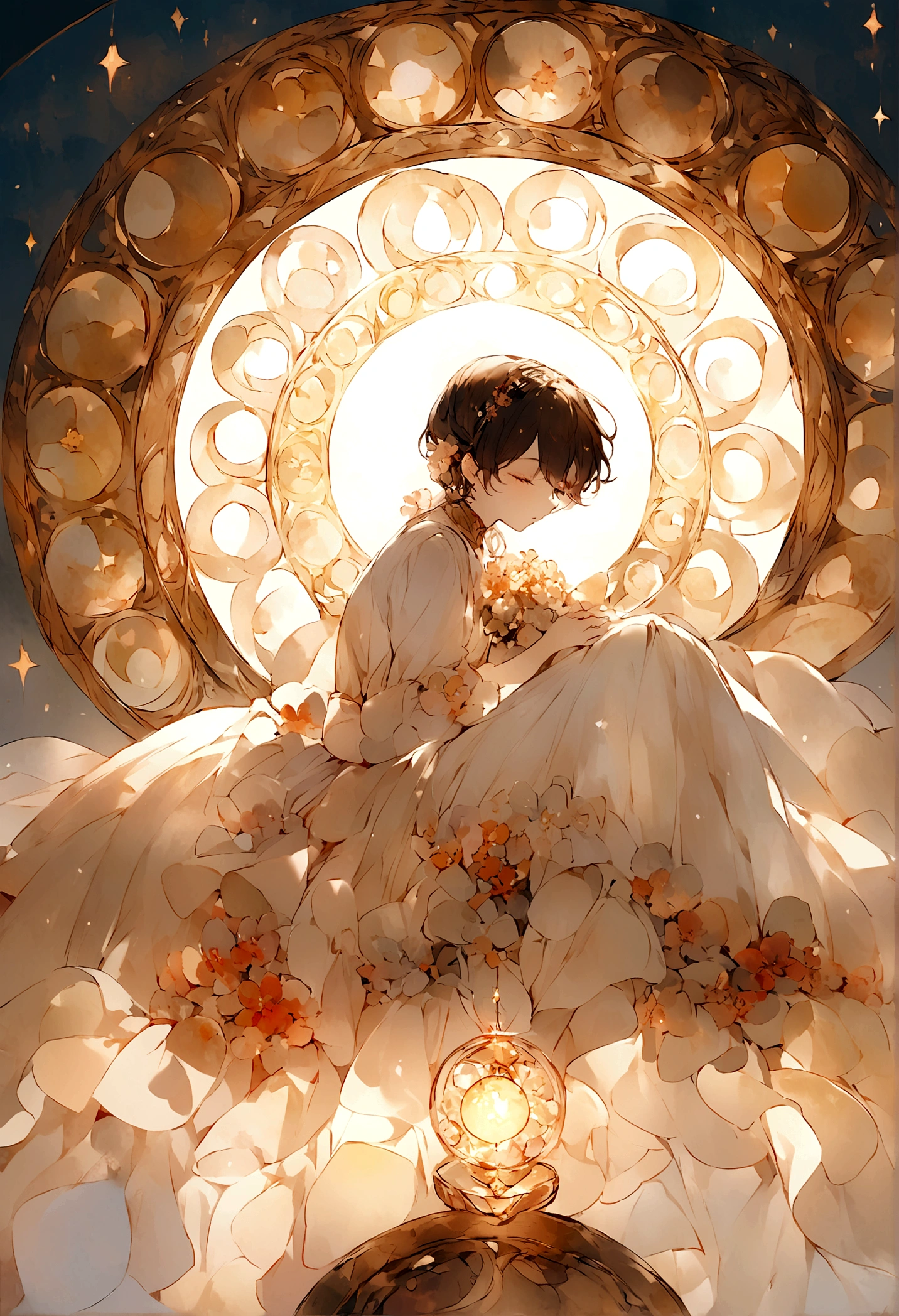 Ten Aspects of Longevity，A boy in the void，Curled up position，There are ten magic circles around the boy.，Sunny bright background