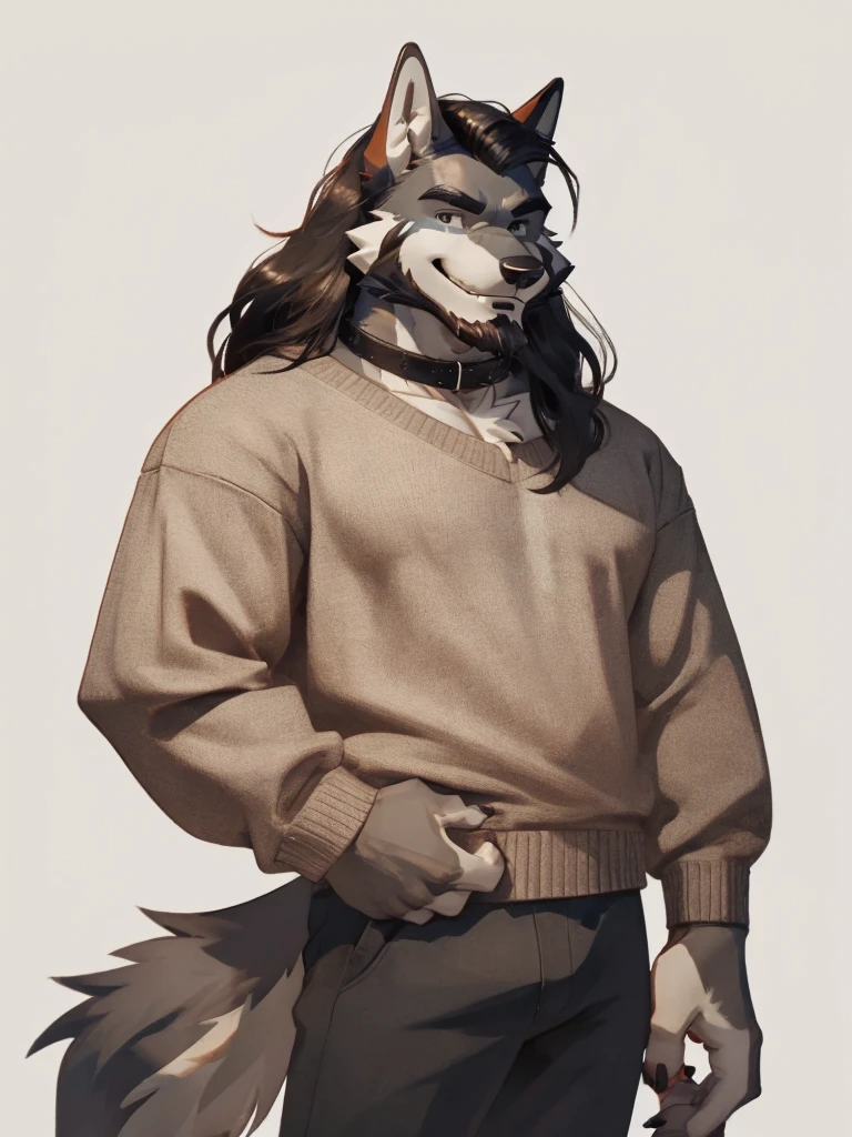 white background, muscular male, male, bara, furry, wolf, wolf ear, tail, long hair, beard, wearing sweaters, collar, wearing long pants, 40s, looking at viewer, smiling,