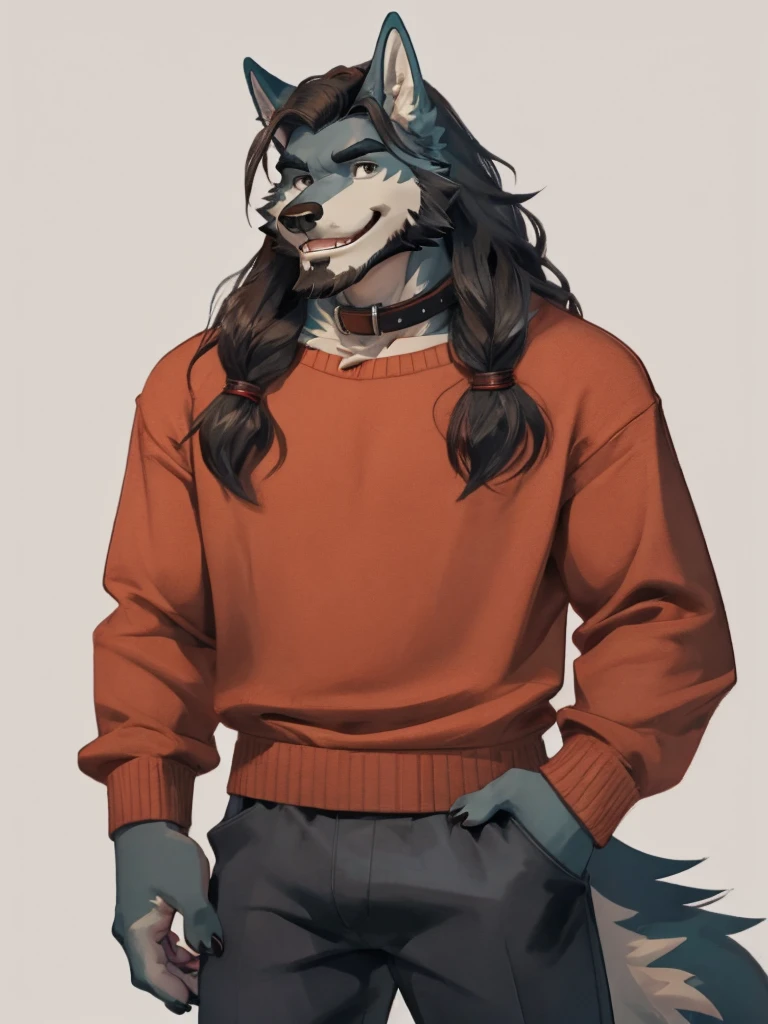 white background, muscular male, male, bara, furry, wolf, wolf ear, tail, long hair, beard, wearing sweaters, collar, wearing long pants, 40s, looking at viewer, smiling,