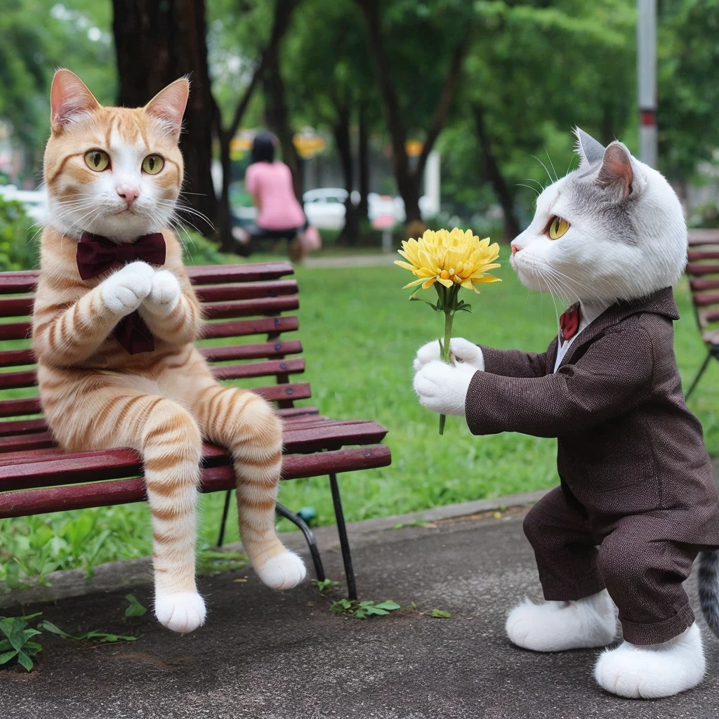 Please create a image like real cat but looking like human like standing and setting pose