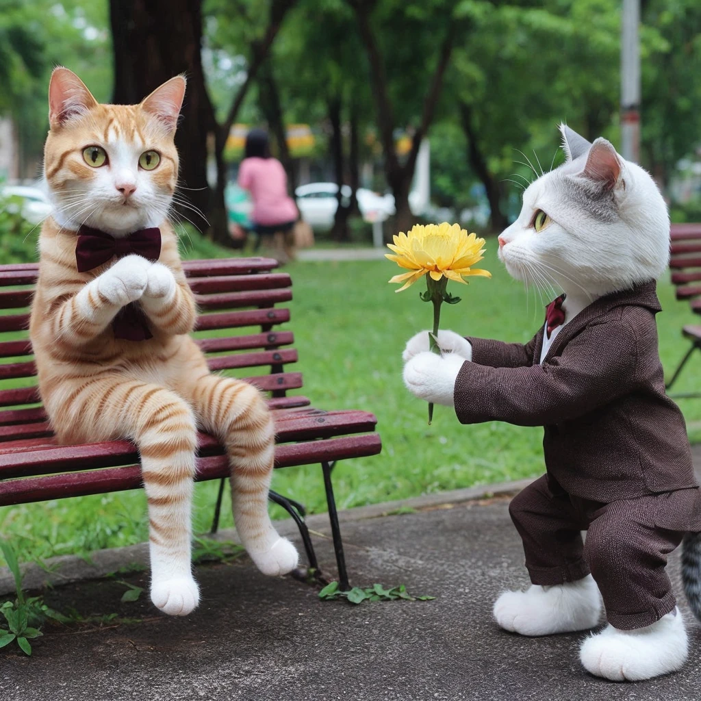 Please create a image like real cat but looking like human like standing and setting pose