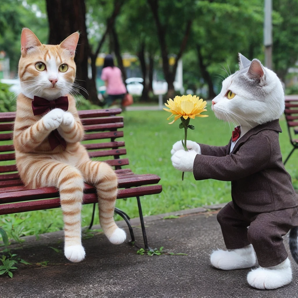 Please create a image like real cat but looking like human like standing and setting pose