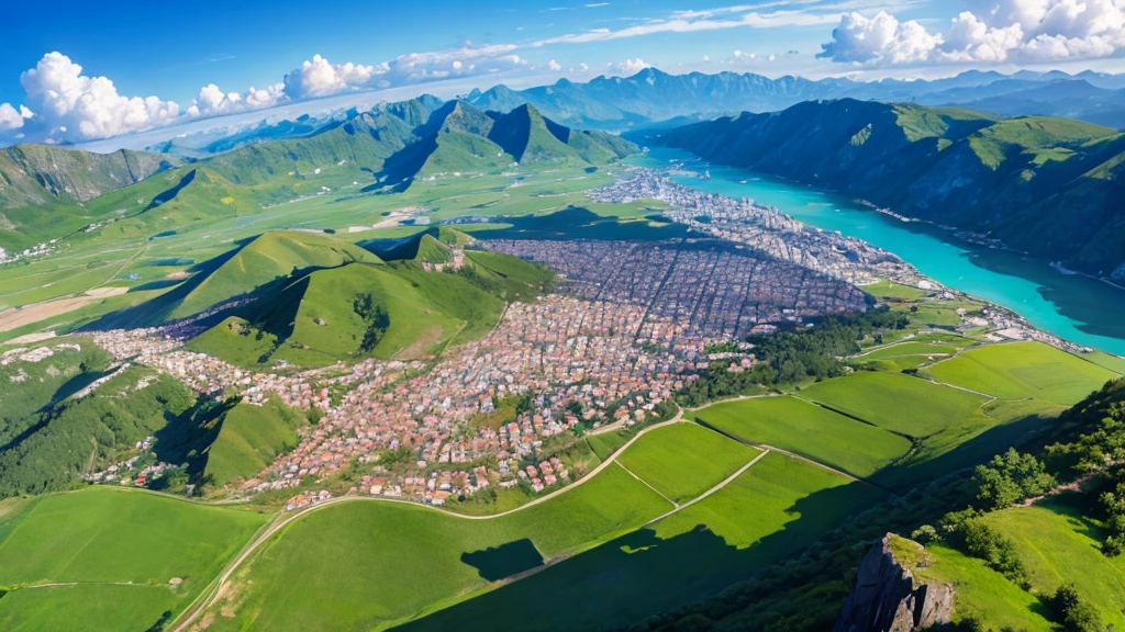 Mystical beauty of nature. Aerial view. 8K, true, There are many small houses