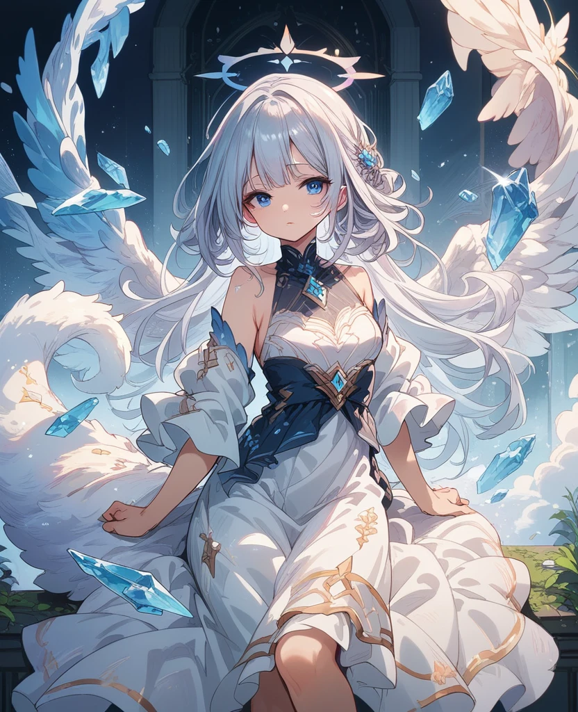 Beautiful Face , Dress up in fantasy, Delicate decoration、Long twin tail hair, Silver Hair, 4k resolution, 最high quality, In public, masterpiece, Crystal Blue Eyes, Broken Angel Halo, Angel's wing、high quality,