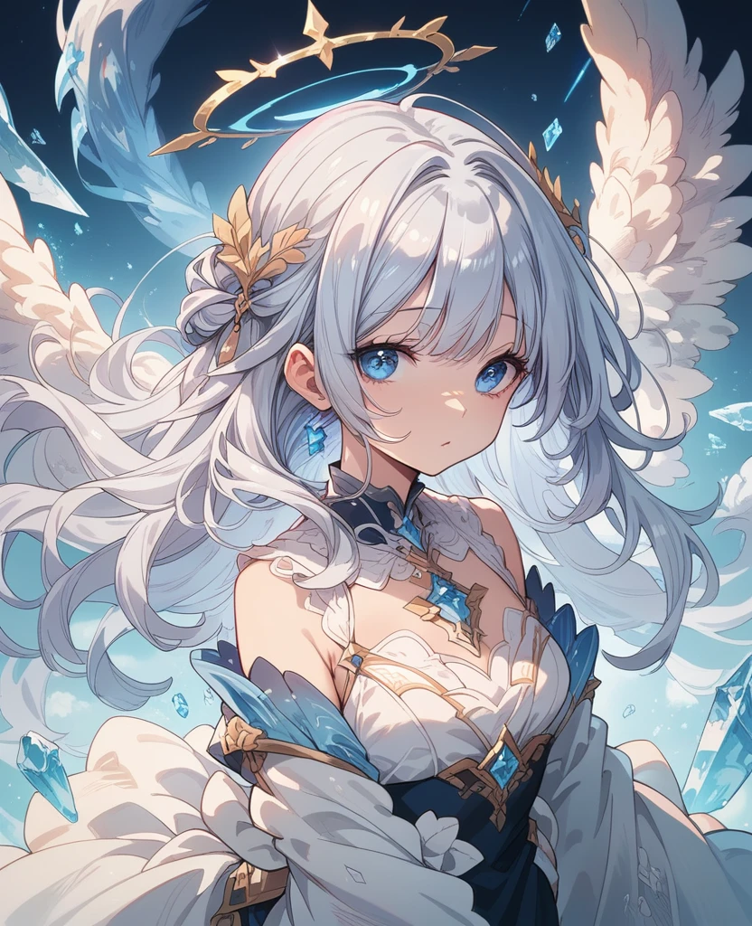 Beautiful Face , Dress up in fantasy, Delicate decoration、Long twin tail hair, Silver Hair, 4k resolution, 最high quality, In public, masterpiece, Crystal Blue Eyes, Broken Angel Halo, Angel&#39;s wing、high quality, 