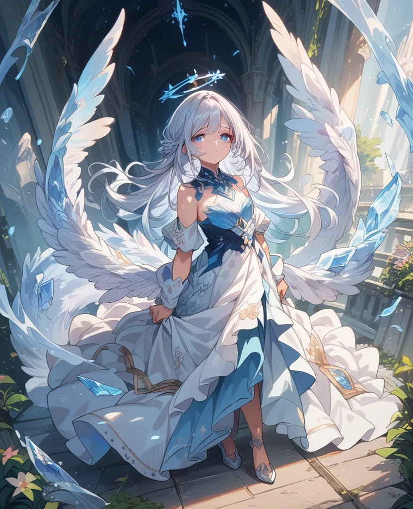 Beautiful Face , Dress up in fantasy, Delicate decoration、Long twin tail hair, Silver Hair, 4k resolution, 最high quality, In public, masterpiece, Crystal Blue Eyes, Broken Angel Halo, Angel's wing、high quality,