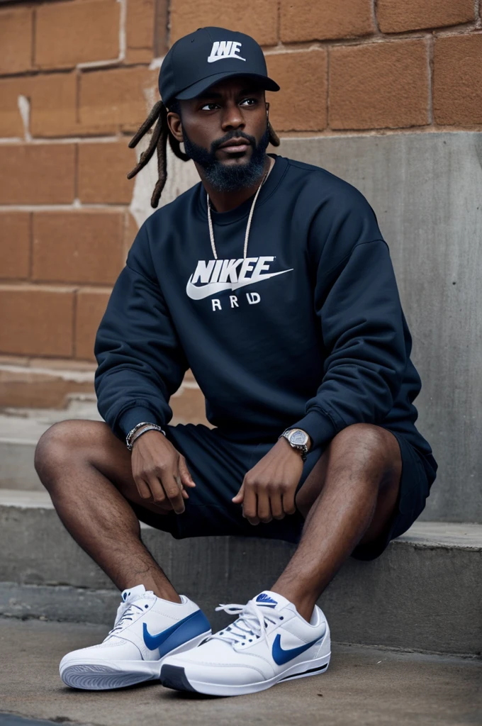 A dark-skinned man with a slim build, with dreadlocks and beard, with a dark blue sweatshirt,black Nike shorts, some vans tennis shoes, a cap that says "nigga" and a brown cigarette in his right hand