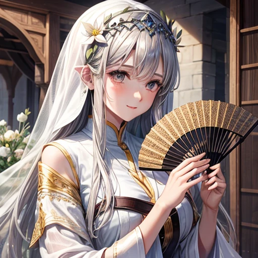 Holding a fan、Arabian woman with flowers in her hair, silver hair and brown skin
